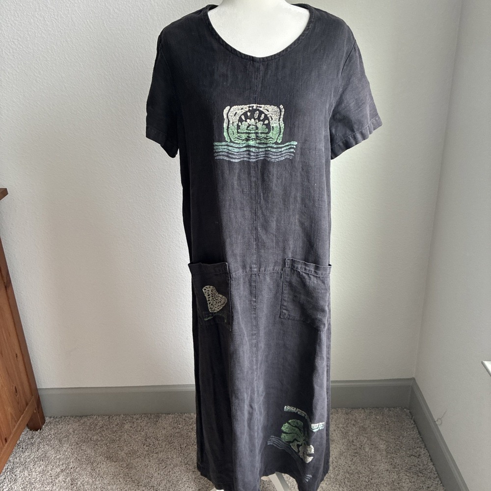 Vintage Blue Cactus Dress Women's Linen Maxi Short Sleeves Medium Boho Black